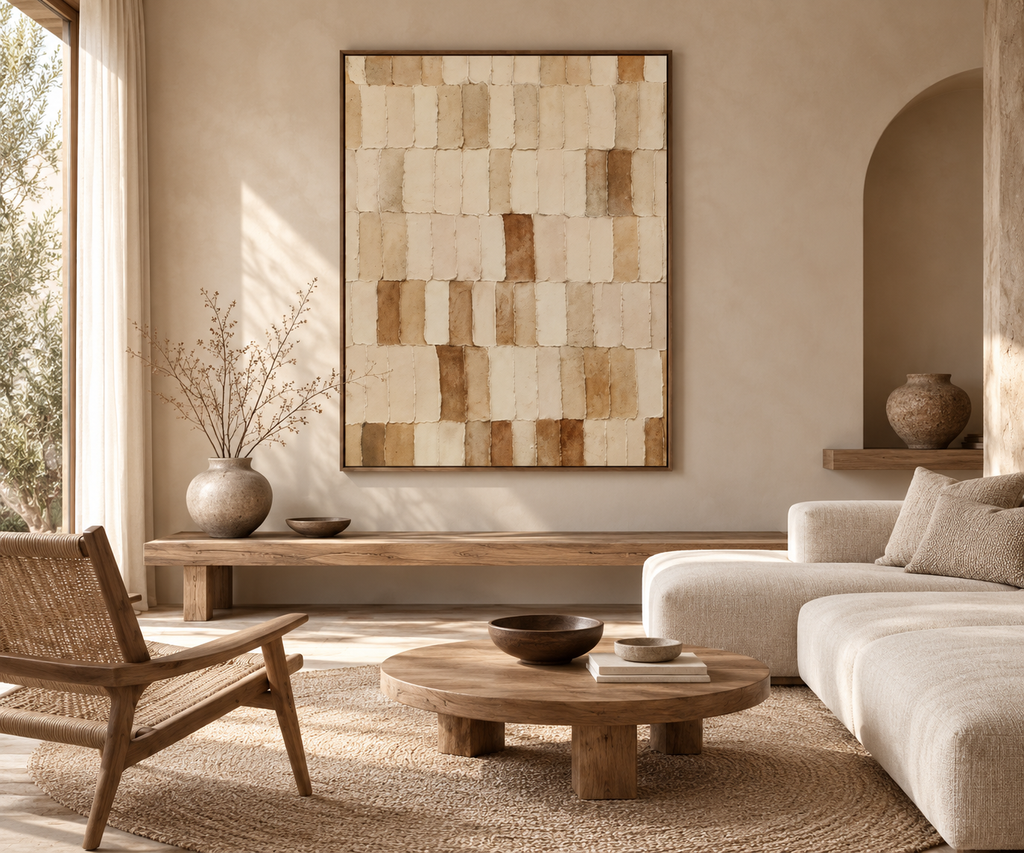 SAORI textured Japandi beige grid wall art in a Japandi living room