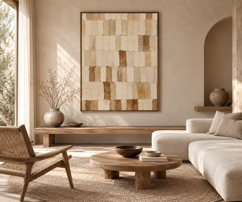 SAORI textured Japandi beige grid wall art in a Japandi living room