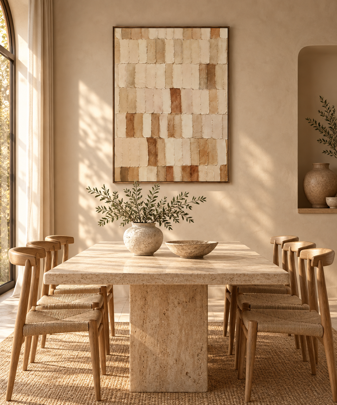 SAORI textured Japandi beige grid wall art in a home office