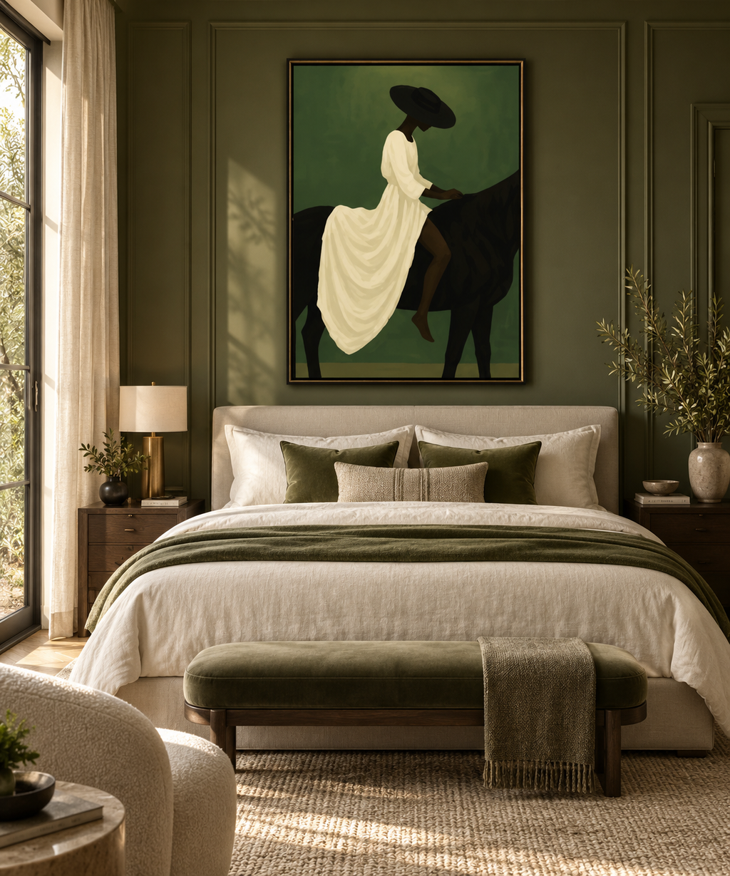 SAVREA woman riding a horse artwork in an elegant bedroom