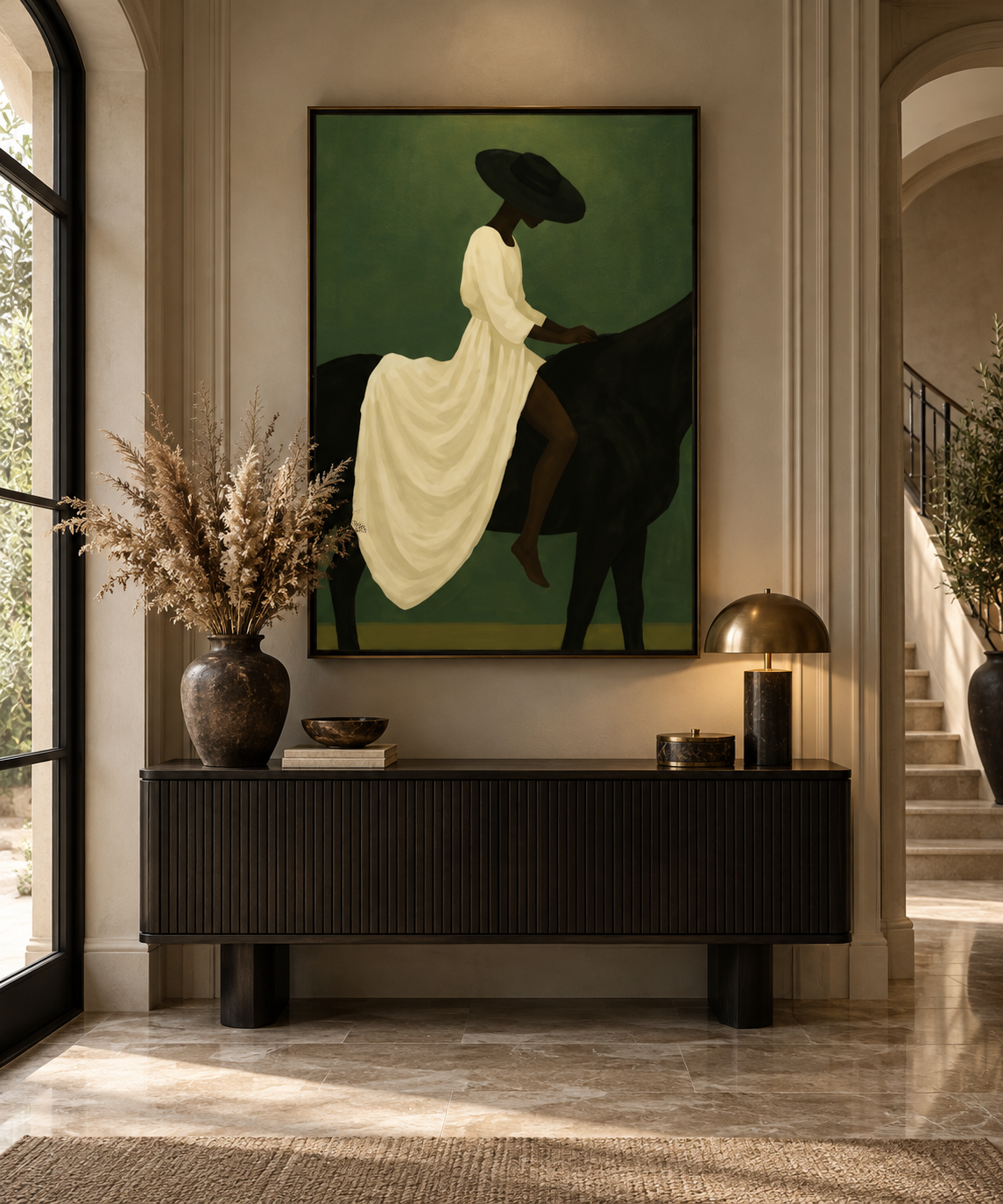 SAVREA black horse artwork above an entryway console