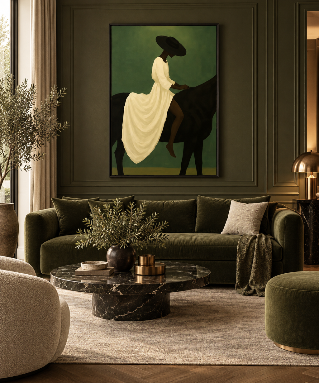 SAVREA equestrian figurative wall art above an olive sofa