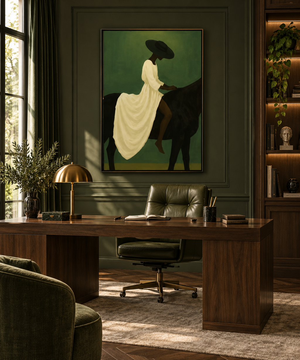 SAVREA equestrian wall art in a sophisticated home office