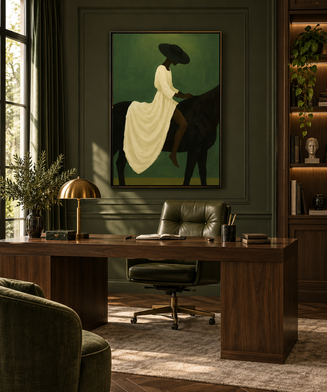 SAVREA equestrian wall art in a sophisticated home office
