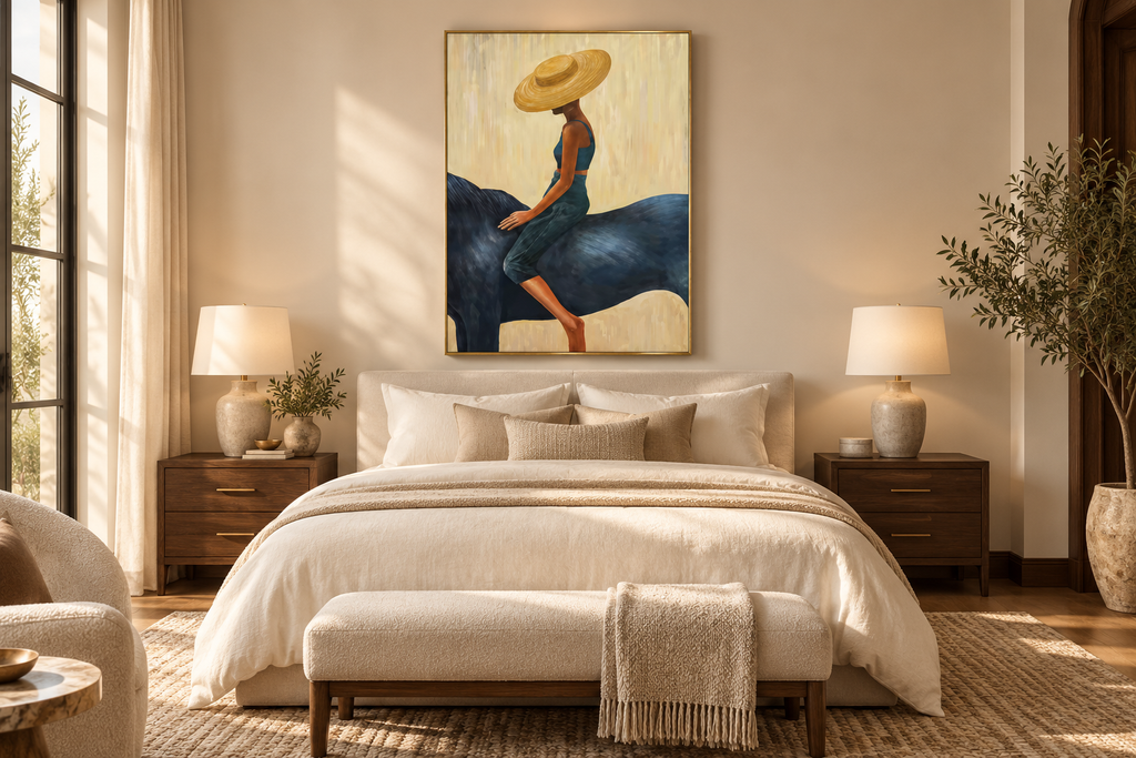 SERAYA woman riding a horse wall art in a bedroom