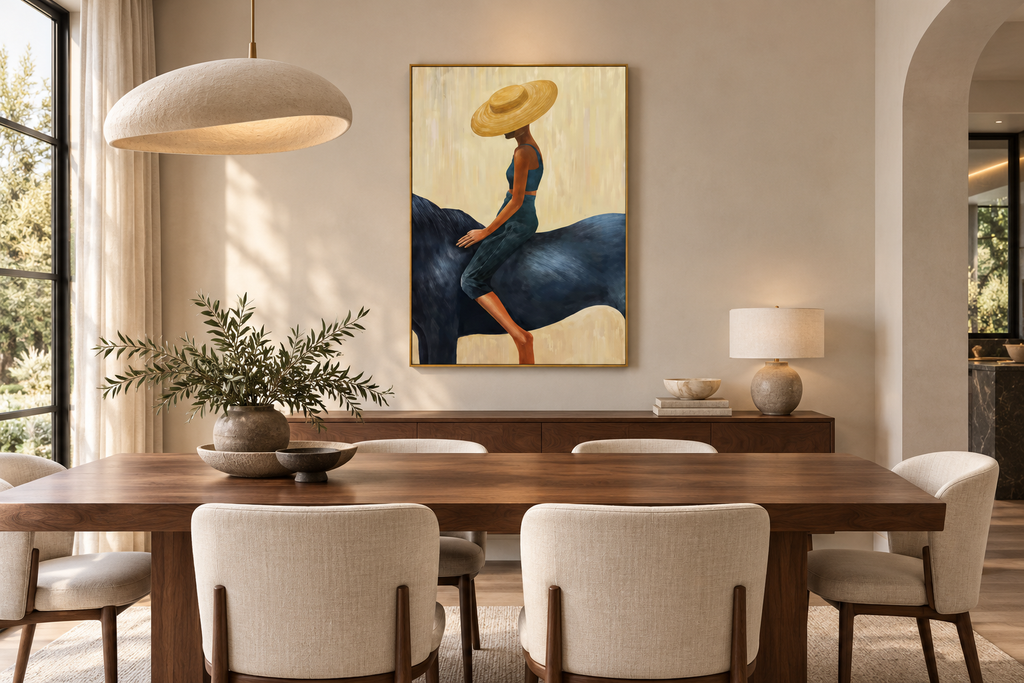 SERAYA woman riding a horse wall art in a dining room