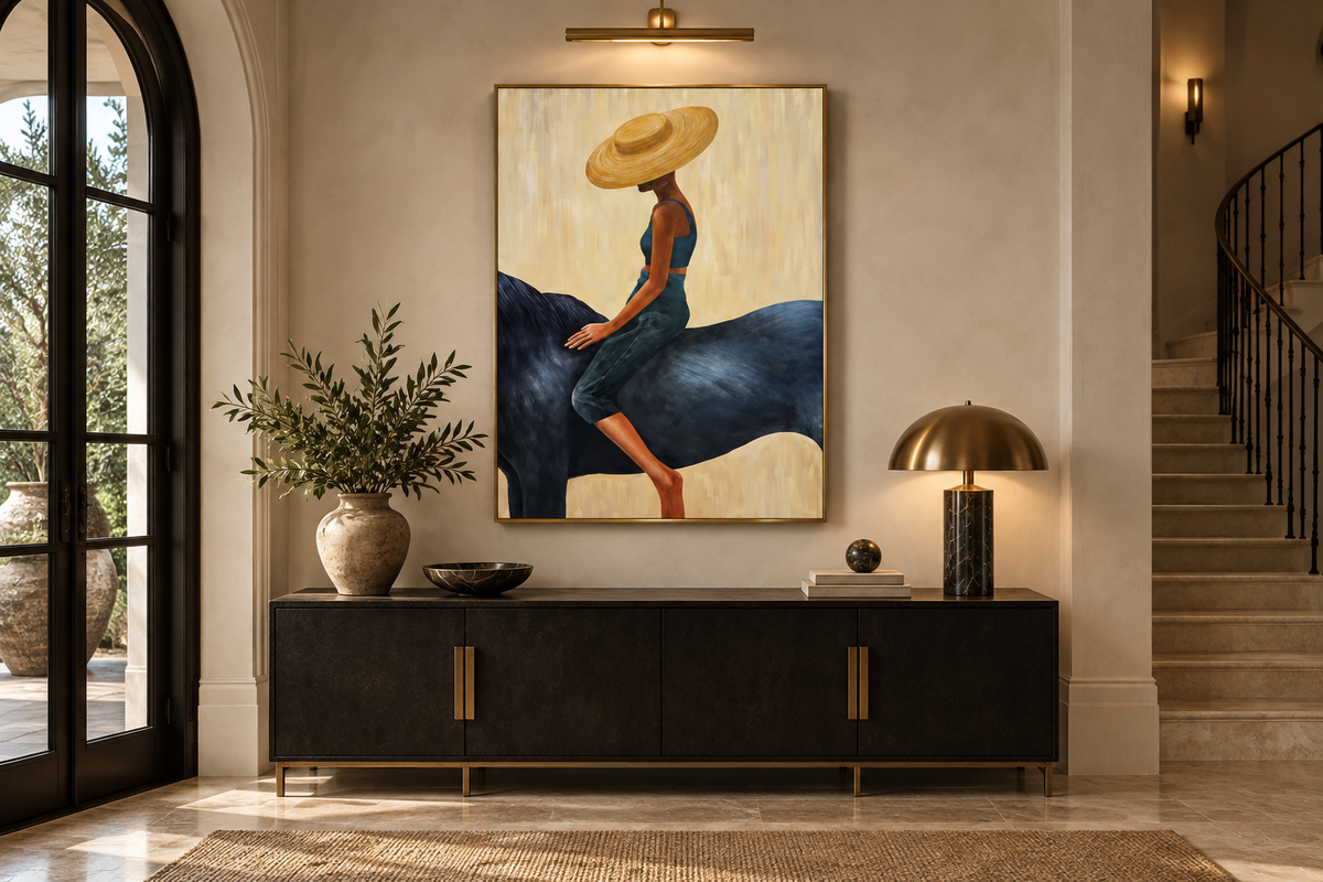 SERAYA woman riding a horse wall art in an entryway