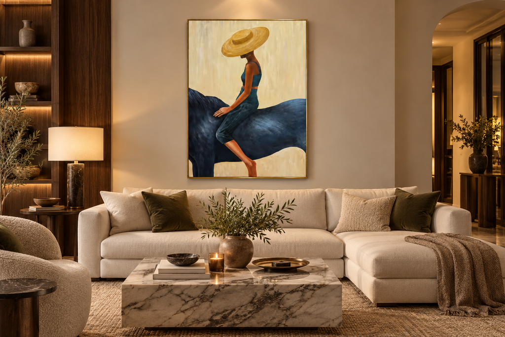 SERAYA woman riding a horse wall art in a luxury living room