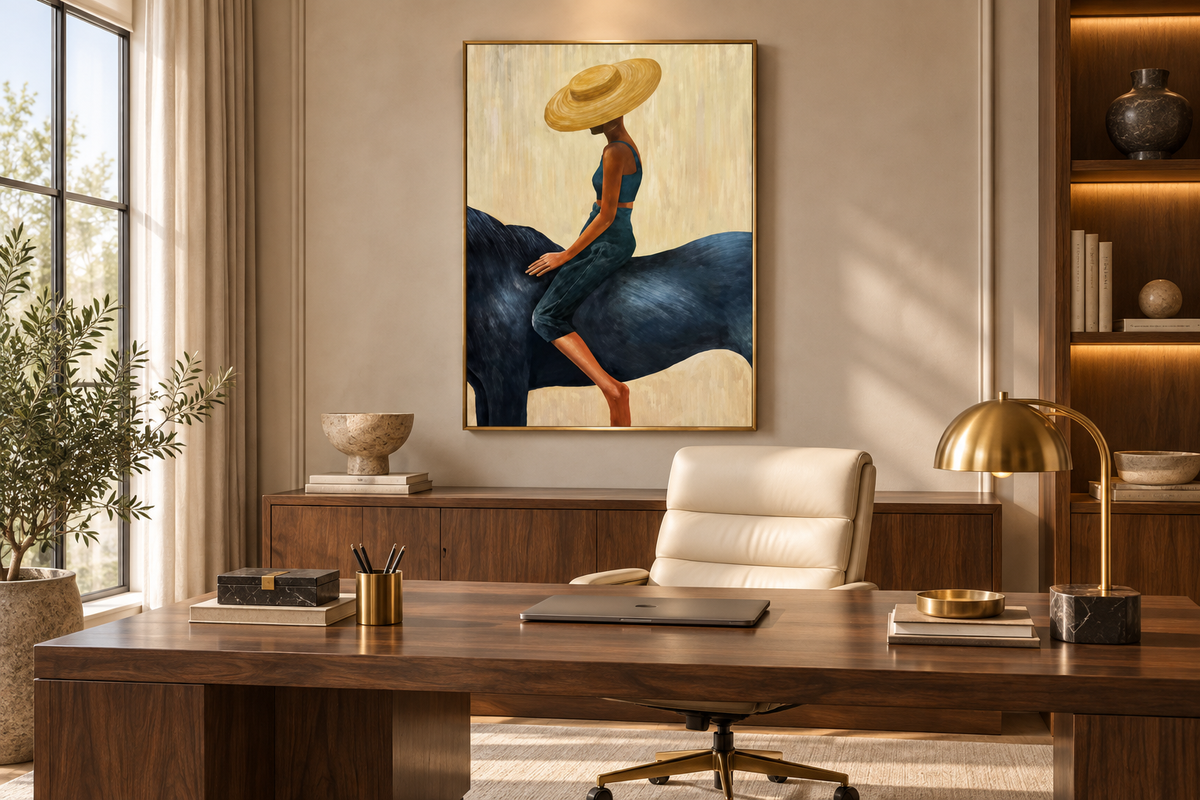 SERAYA woman riding a horse wall art in an office
