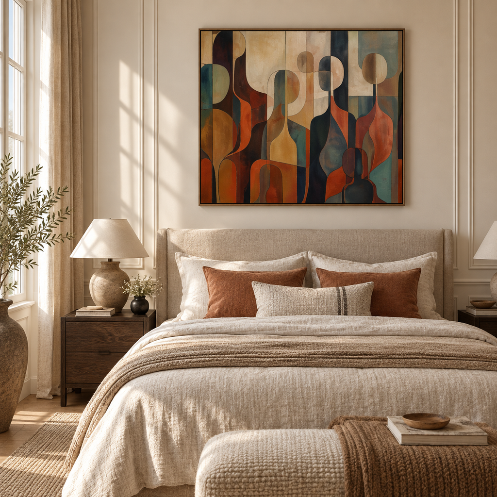 SOLARA handmade abstract wall art above an elegant European bedroom