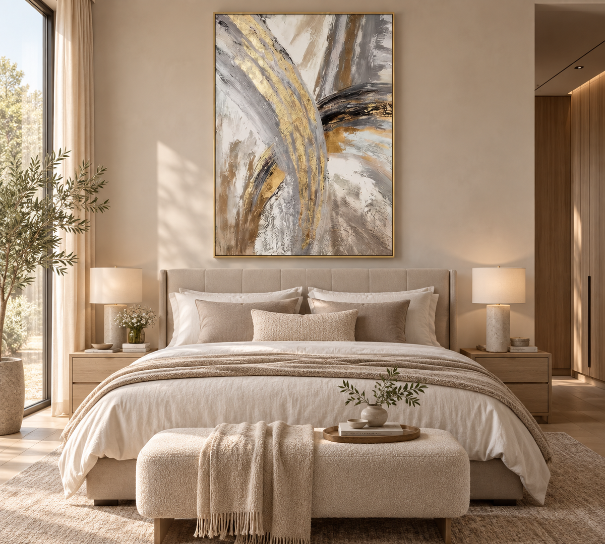 SOLEN ivory, grey and antique gold abstract wall art in a refined bedroom
