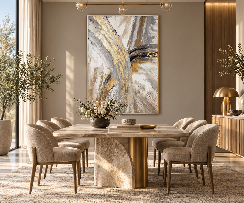 SOLEN gold and pearl grey abstract wall art in an elegant dining room