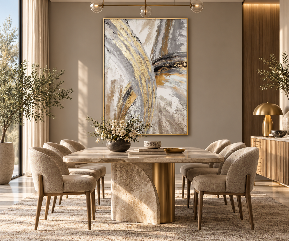 SOLEN gold and pearl grey abstract wall art in an elegant dining room