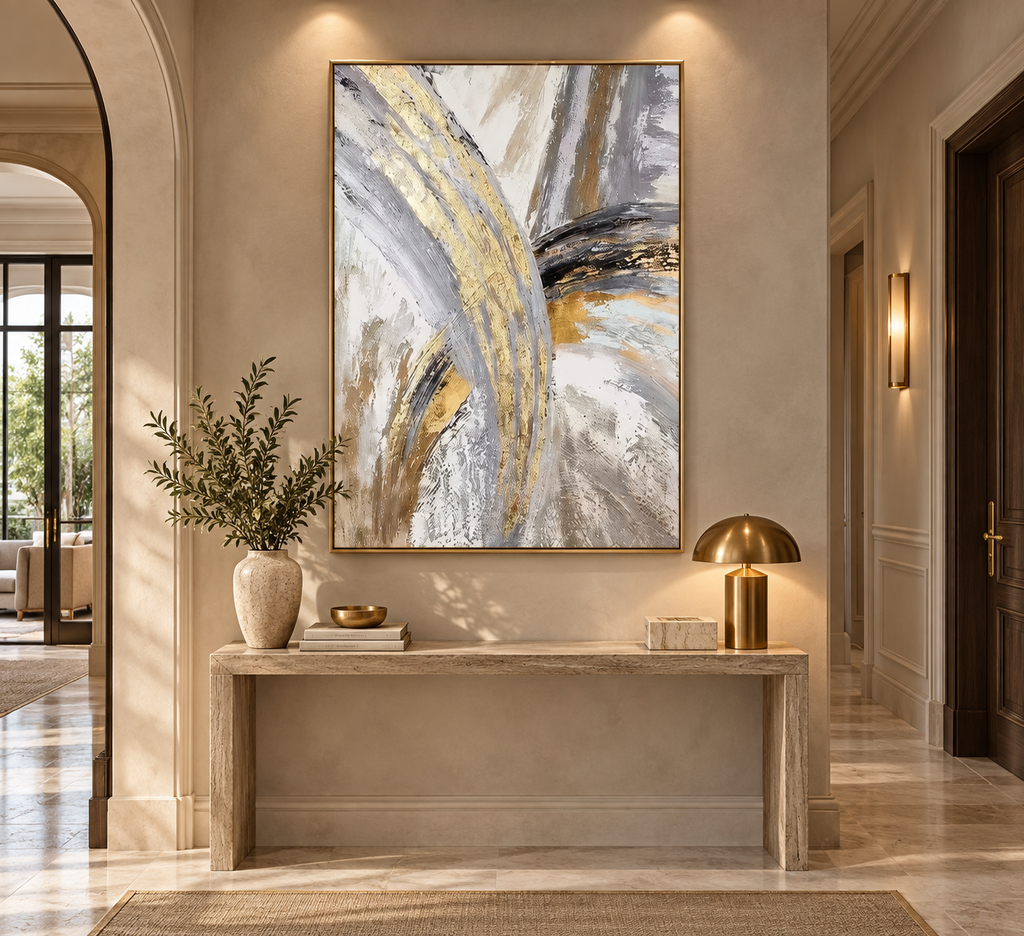 SOLEN neutral and antique gold abstract wall art in a sophisticated entryway