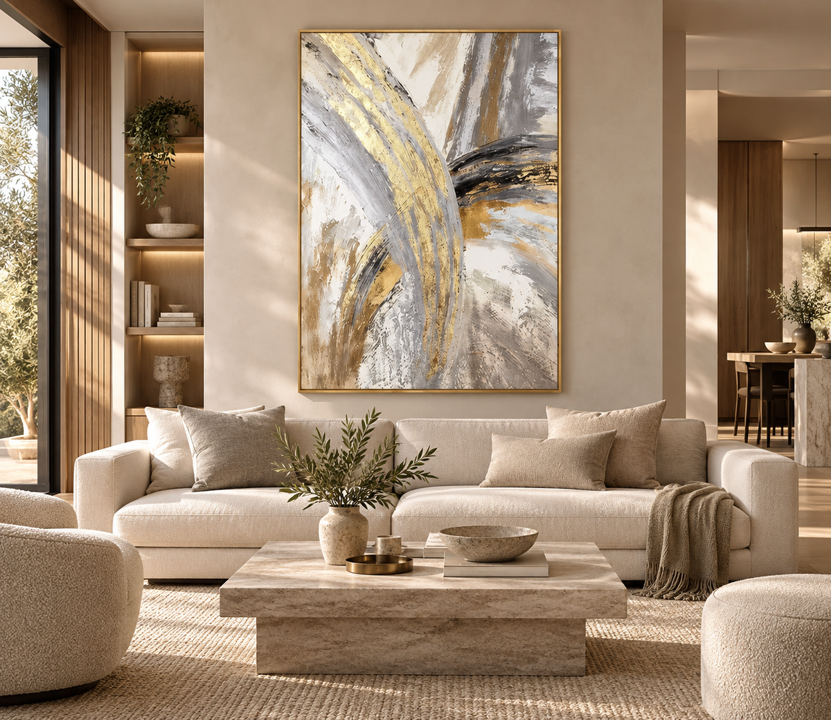 SOLEN ivory, grey and antique gold abstract wall art above a neutral sofa