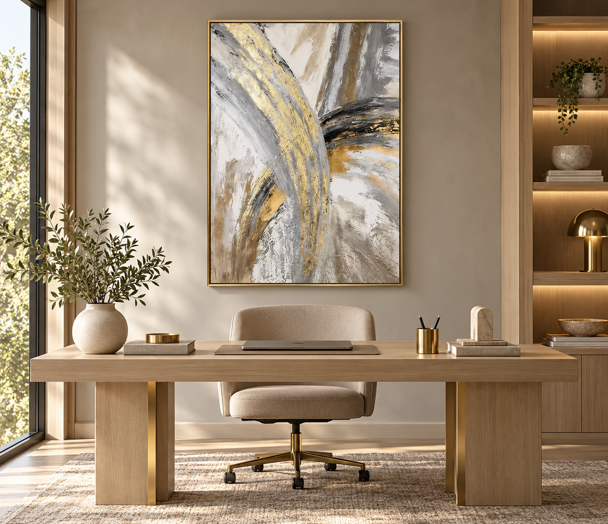 SOLEN textured ivory and gold abstract wall art in a luxury home office