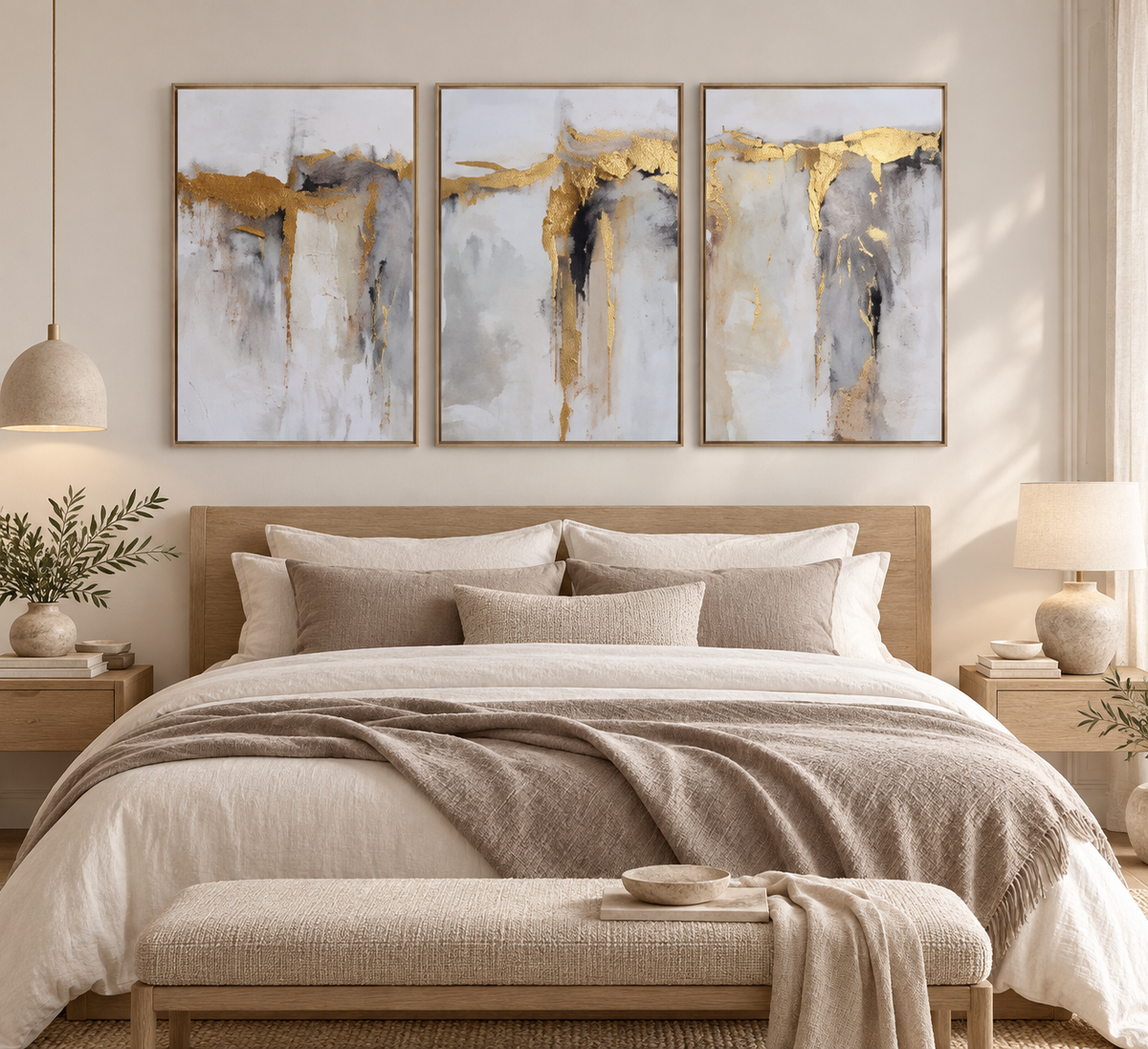 SOLENNE three piece gold and grey triptych above a bedroom