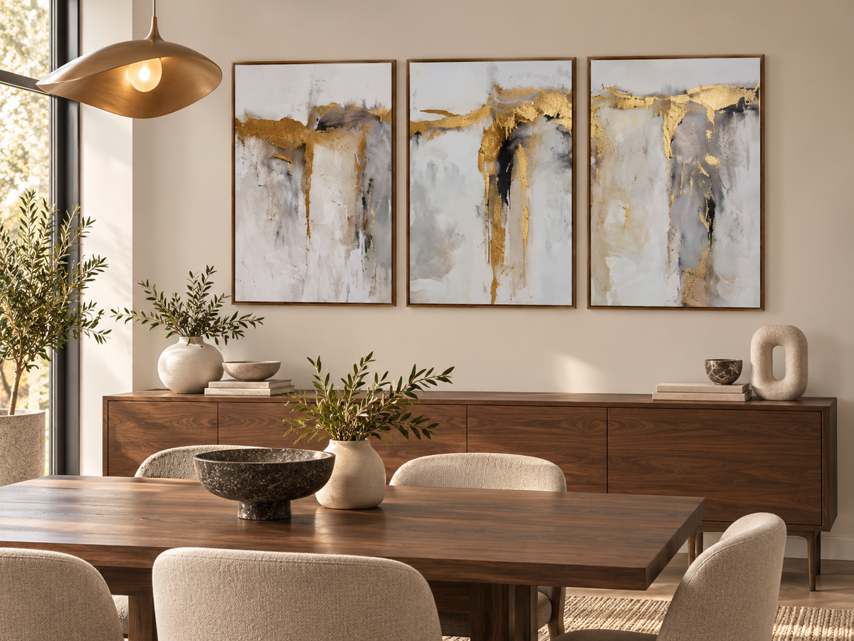 SOLENNE three panel abstract artwork in a modern dining room