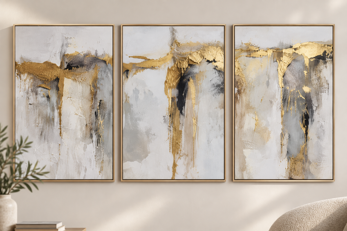 SOLENNE three piece grey ivory and gold abstract triptych wall art