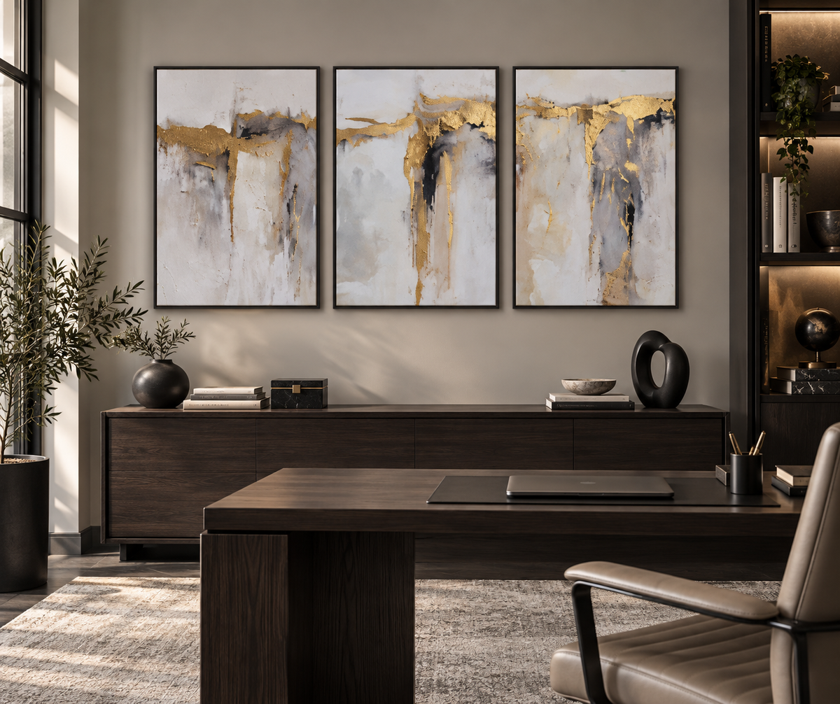 SOLENNE three piece abstract wall art in a refined home office