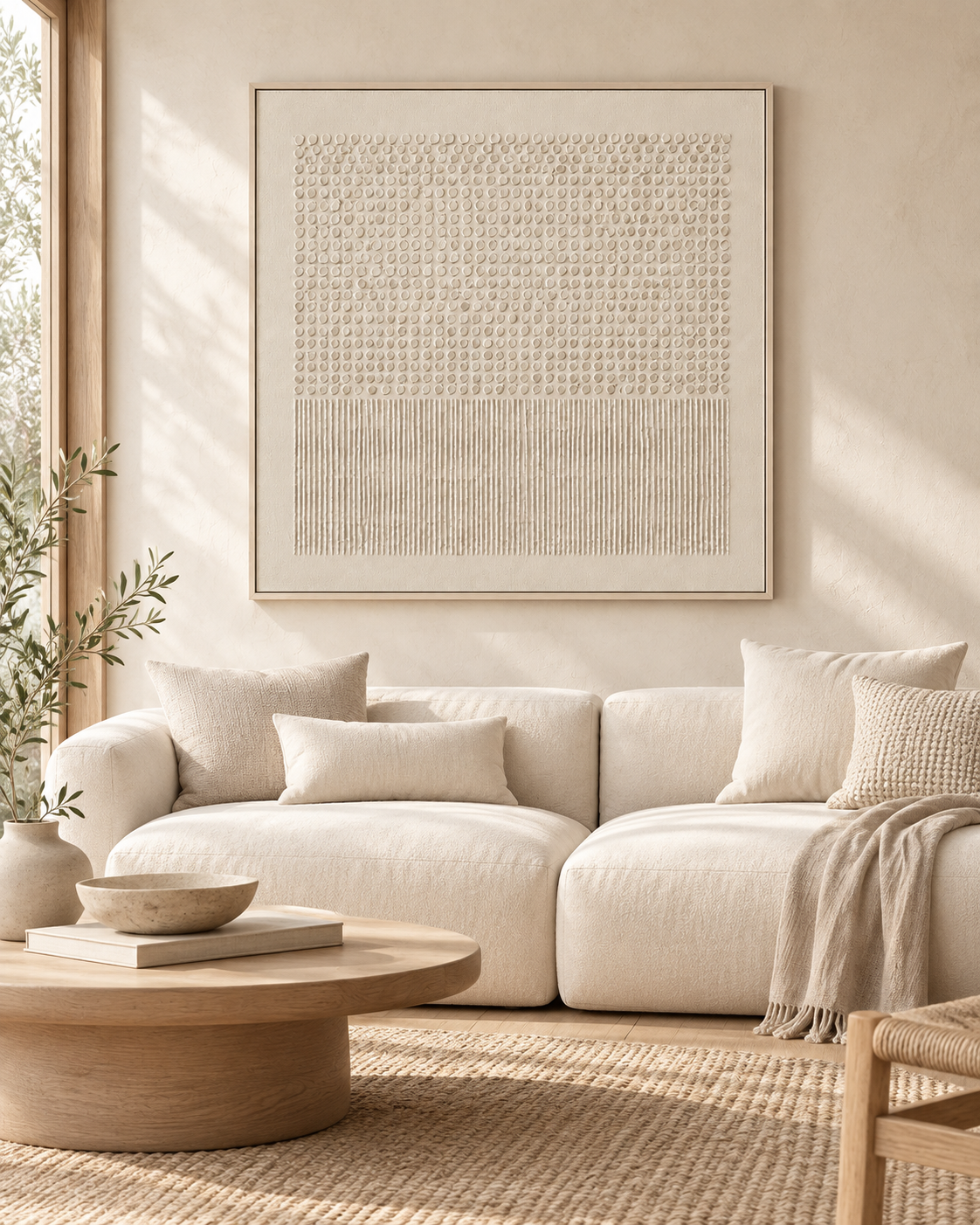 SOLVANE ivory 3D textured Wabi-Sabi wall art in a neutral living room