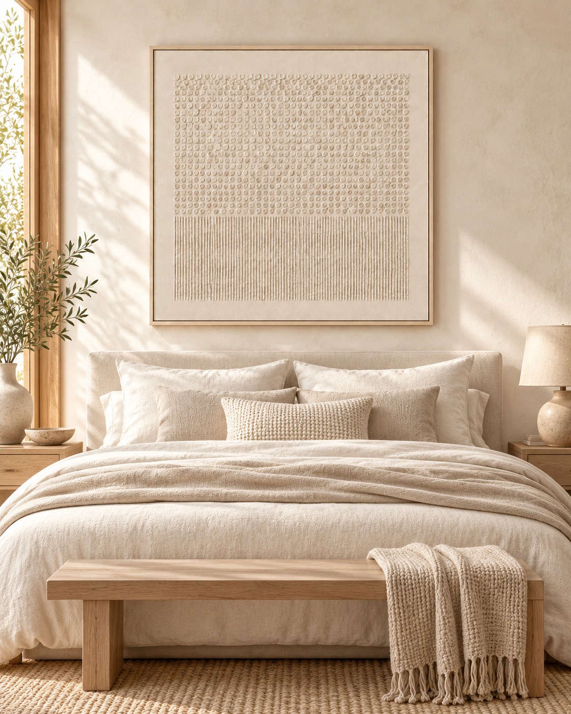 SOLVANE ivory 3D textured Wabi-Sabi wall art above a neutral bedroom