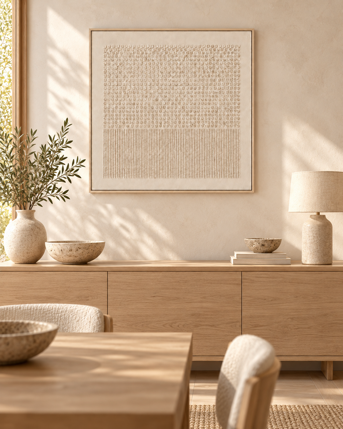 SOLVANE ivory 3D textured Wabi-Sabi wall art in a dining room