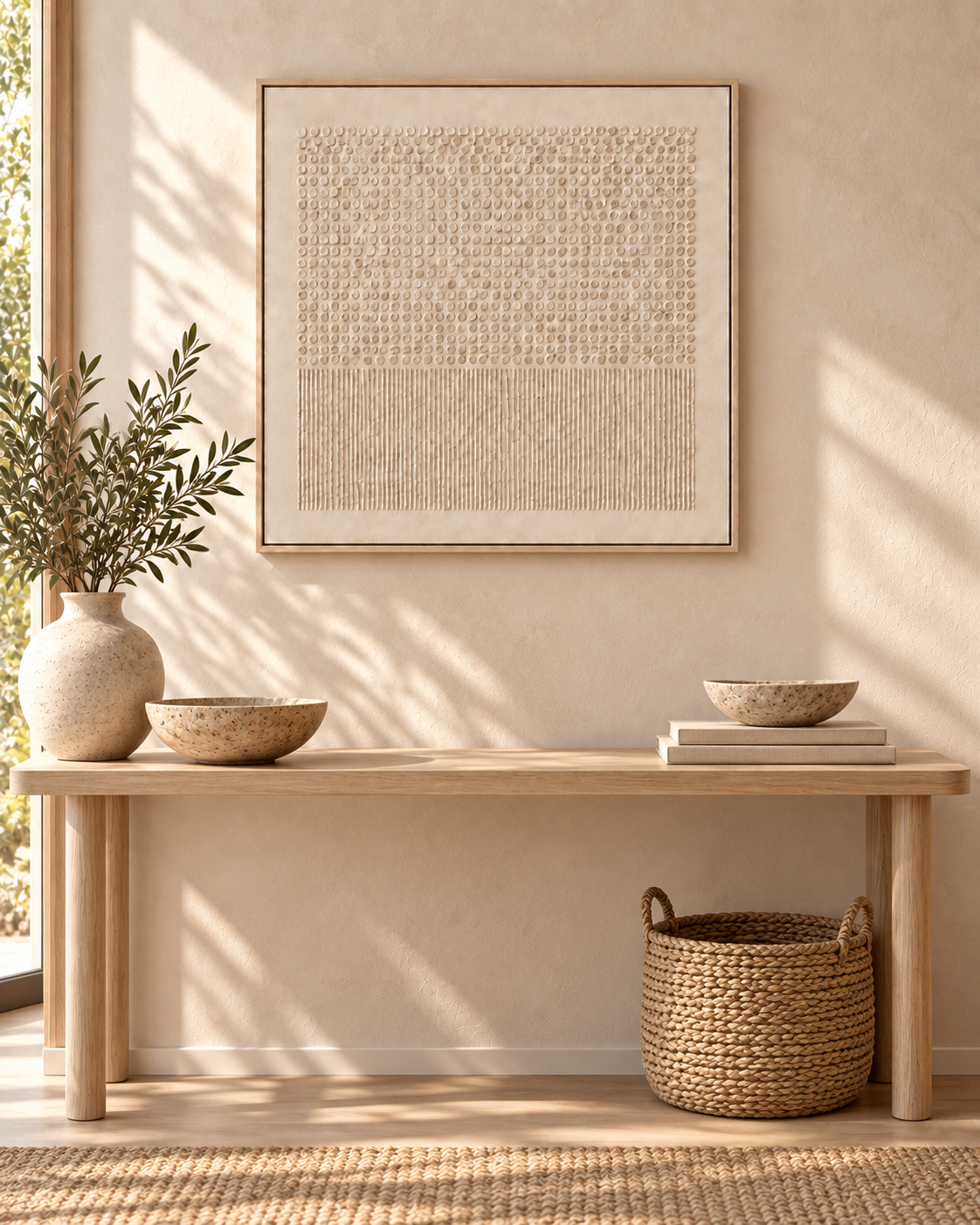 SOLVANE ivory 3D textured Wabi-Sabi wall art in an entryway