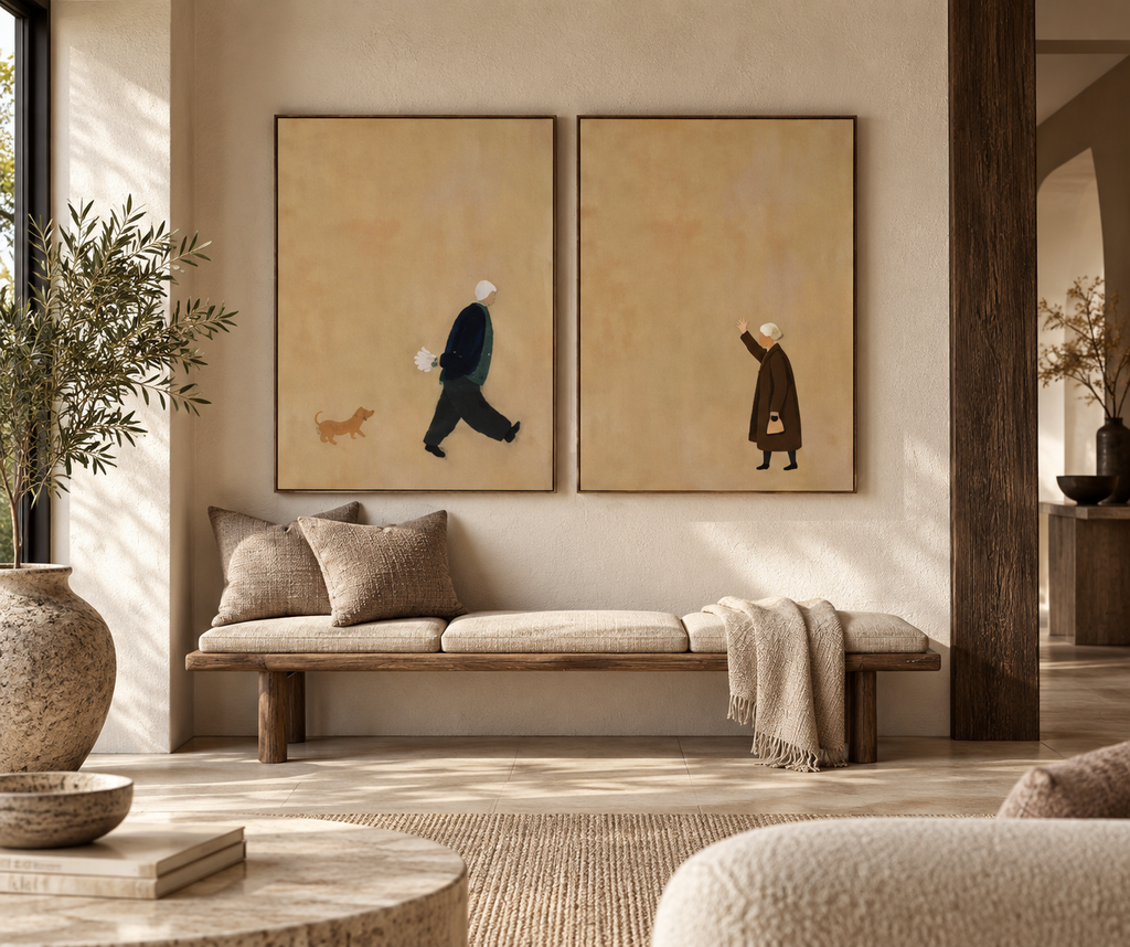 Sorelia two-panel minimalist wall art above a contemporary living room bench
