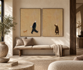 Sorelia two-panel minimalist wall art above a contemporary living room bench