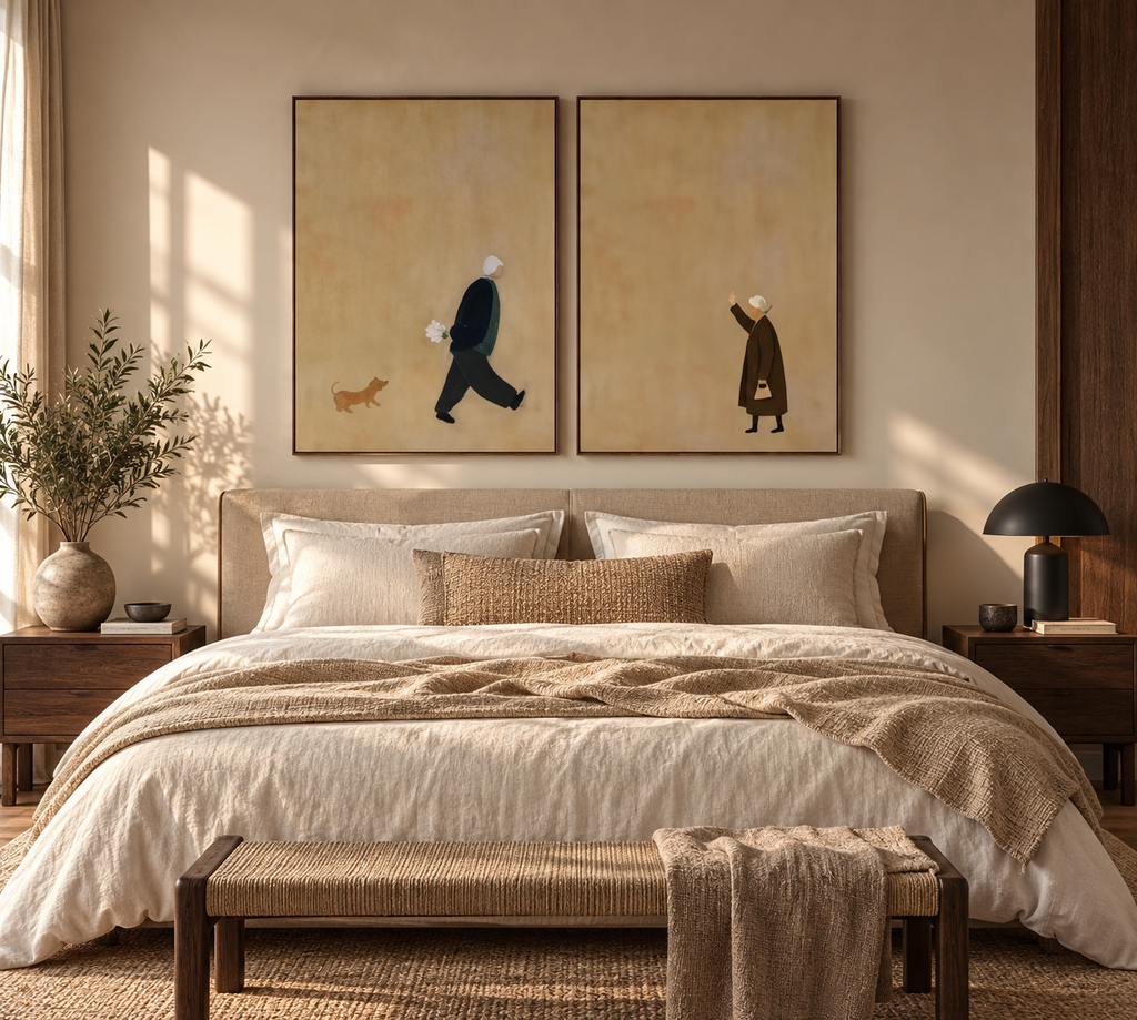 Sorelia beige diptych wall art above an elegant bedroom