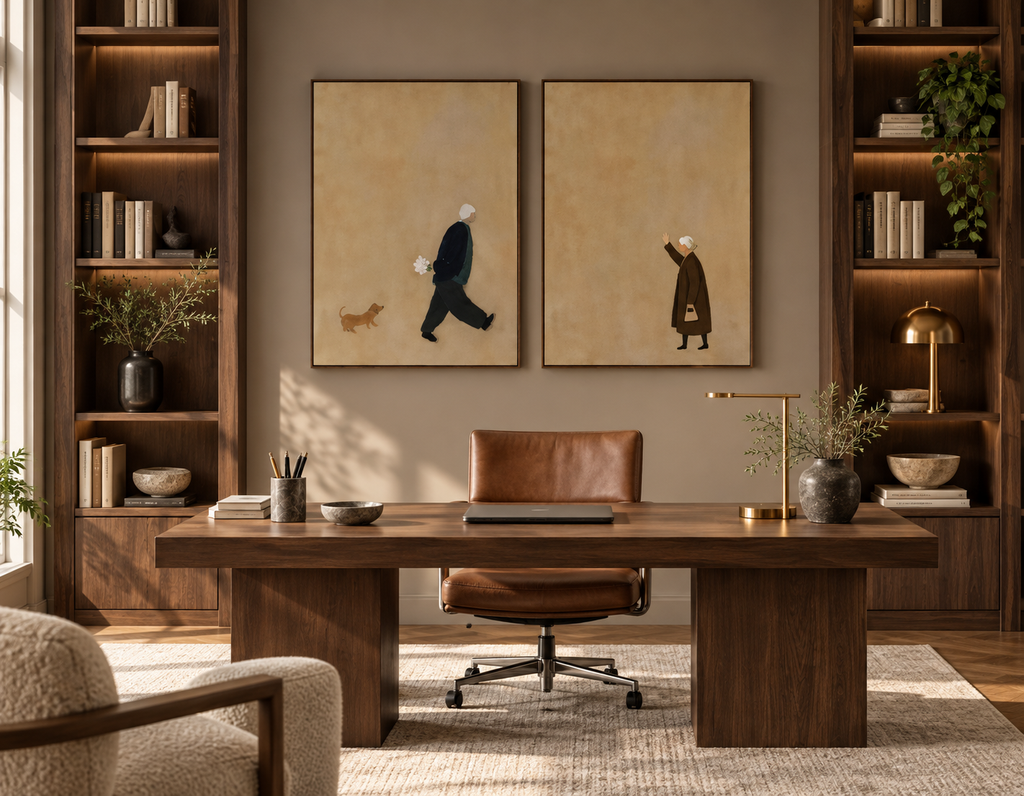 Sorelia two-panel beige wall art in a luxury home office