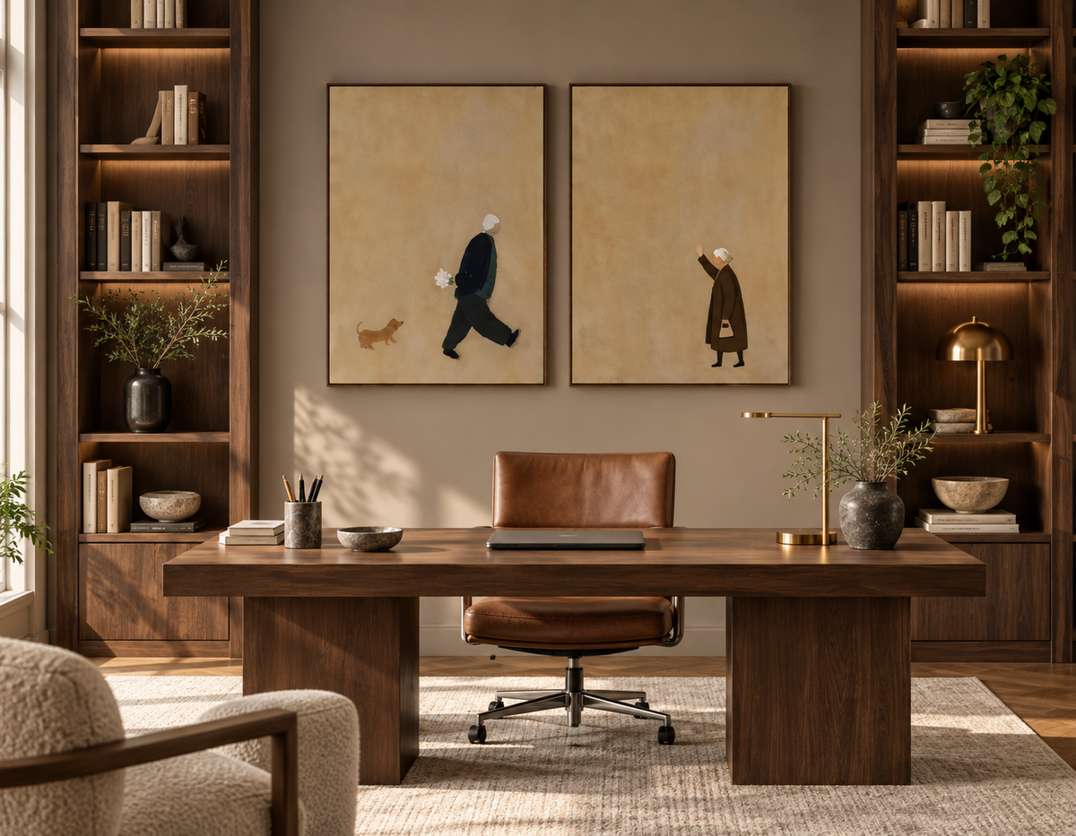 Sorelia two-panel beige wall art in a luxury home office