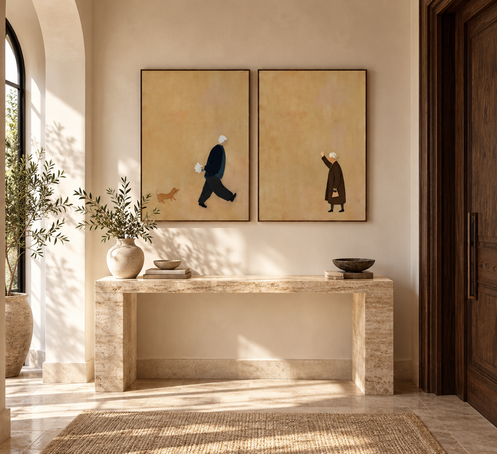 Sorelia minimalist diptych wall art in a European entryway