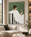 SORENA sage green woman with wine figurative wall art in a refined living room