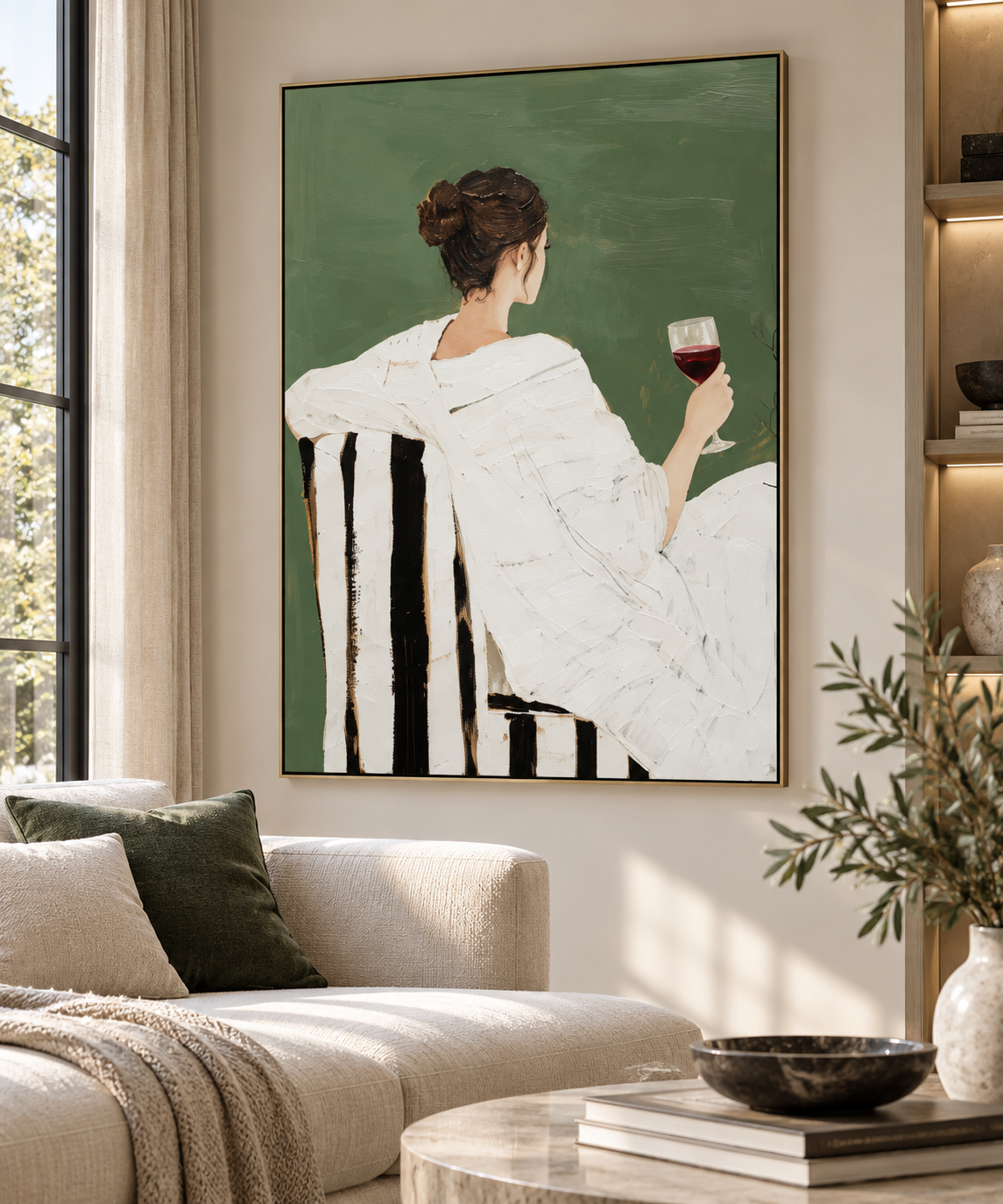 SORENA sage green woman with wine figurative wall art in a refined living room