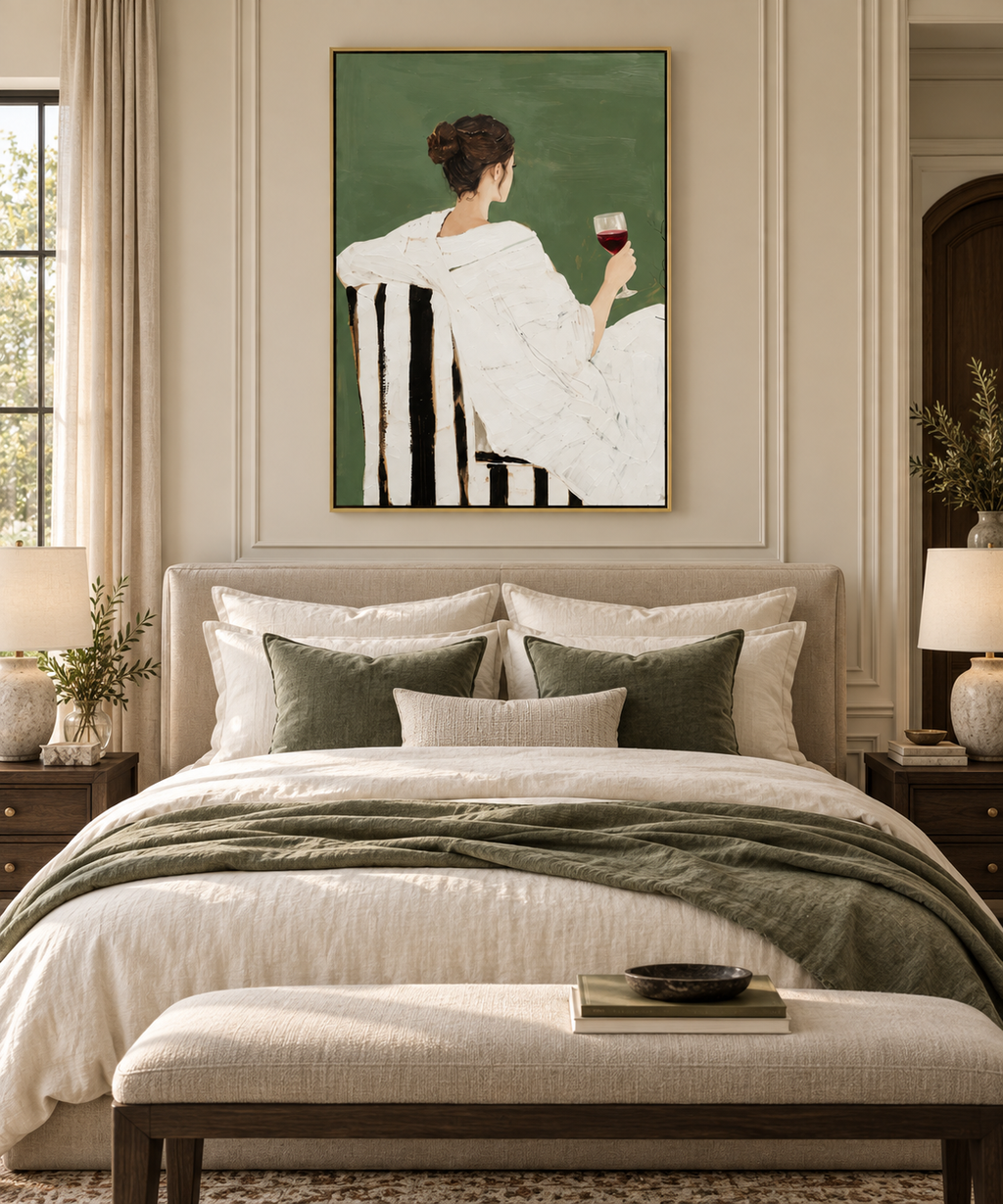 SORENA sage green woman with wine painting above an elegant bedroom