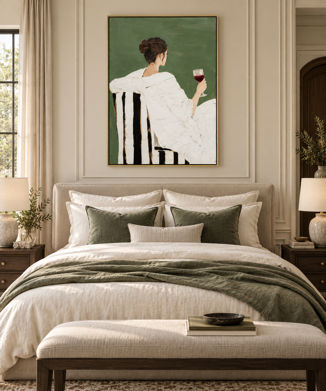 SORENA sage green woman with wine painting above an elegant bedroom