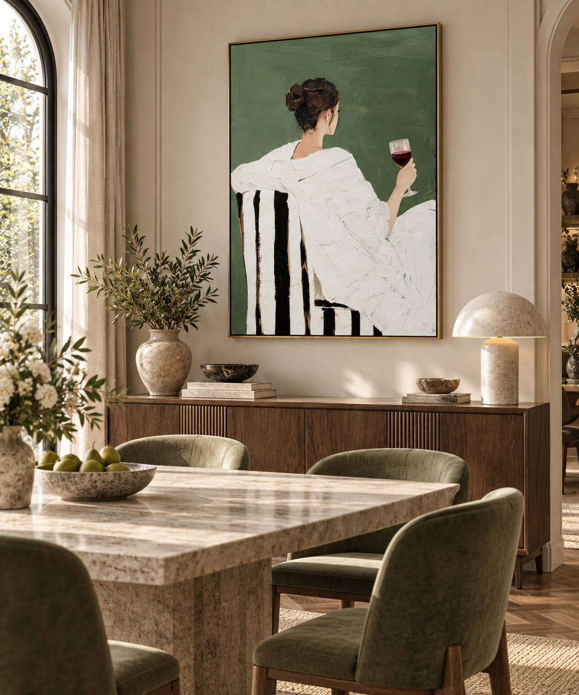 SORENA modern figurative woman with wine wall art in a sophisticated dining room