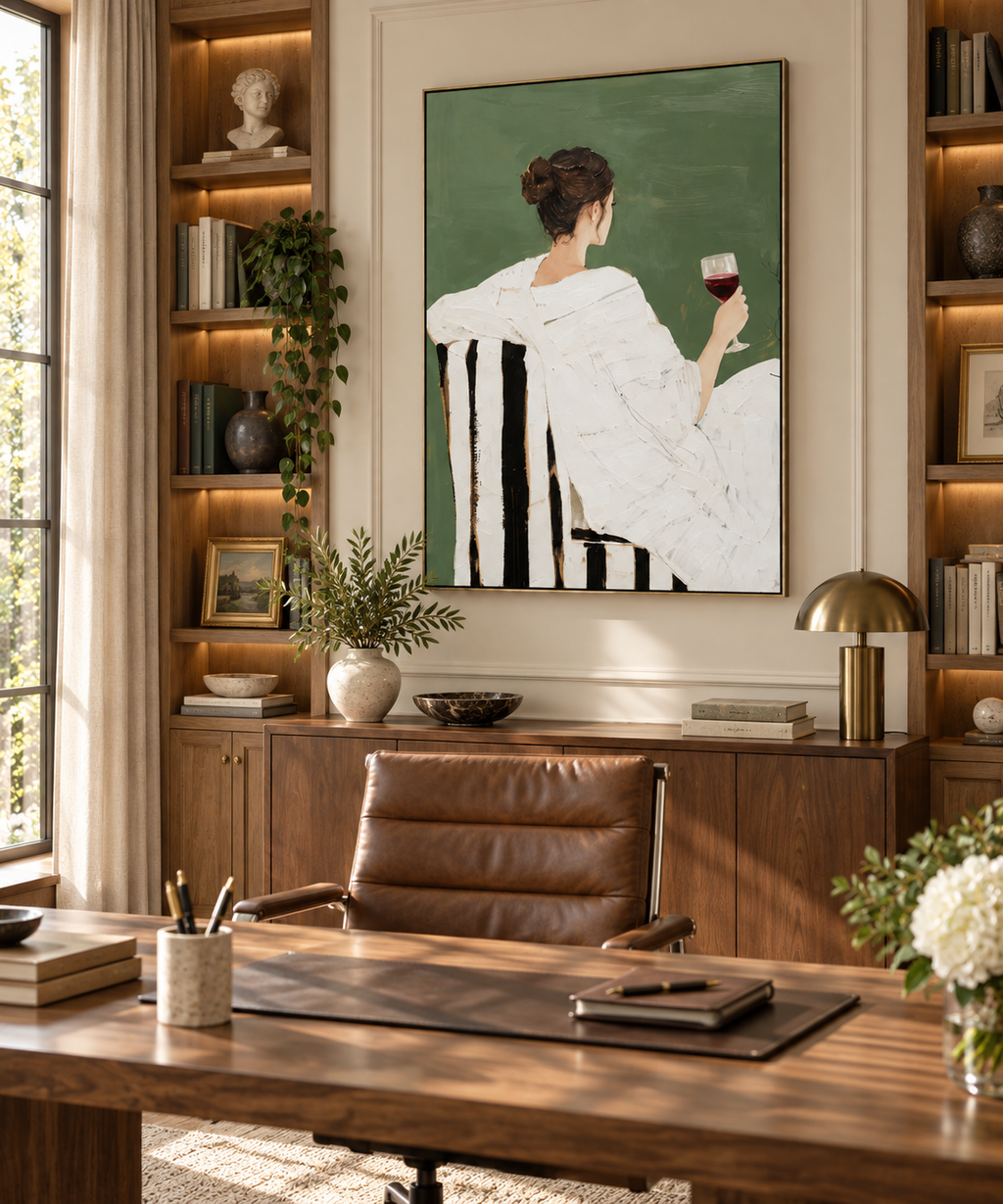 SORENA sage green figurative wall art in a luxury home office