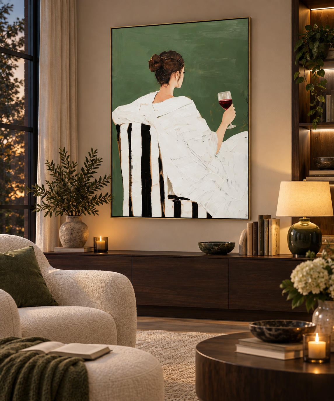 SORENA sage green woman with wine wall art in a warm contemporary lounge