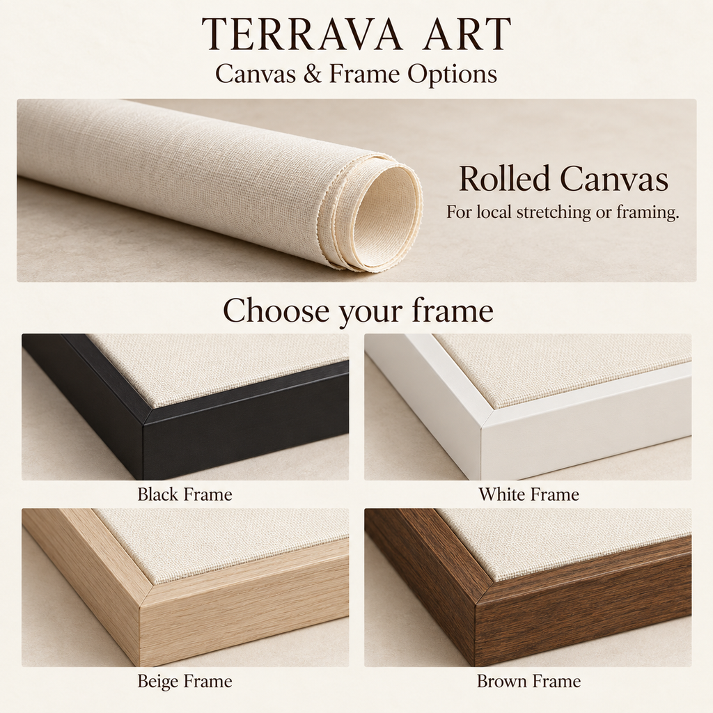 TERRAVA ART canvas and frame options: rolled canvas, black, white, beige and brown frames.
