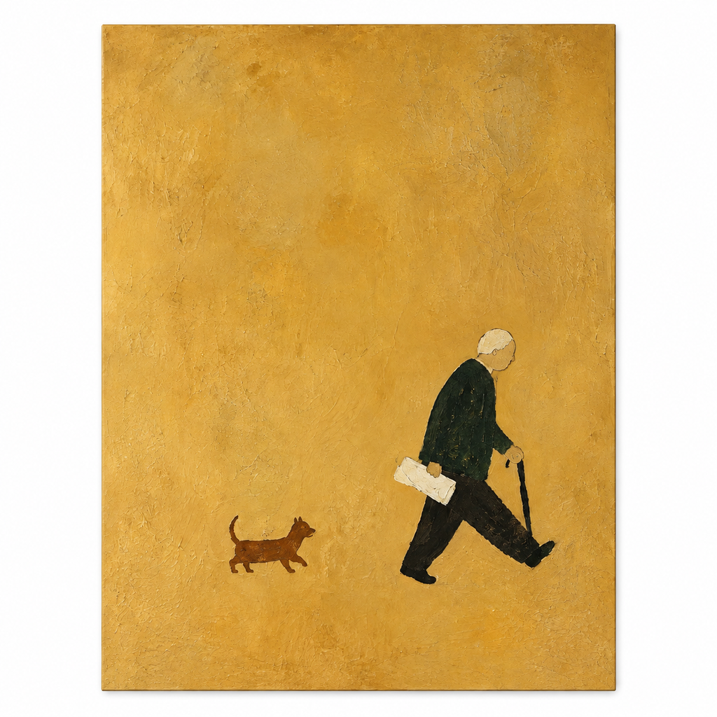 AURELIS artwork only on a white background, ochre gold composition with a walking figure and a small dog. Decorative frame not shown.