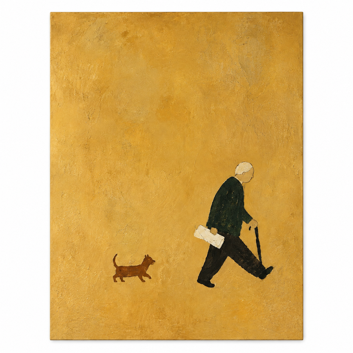 AURELIS artwork only on a white background, ochre gold composition with a walking figure and a small dog. Decorative frame not shown.