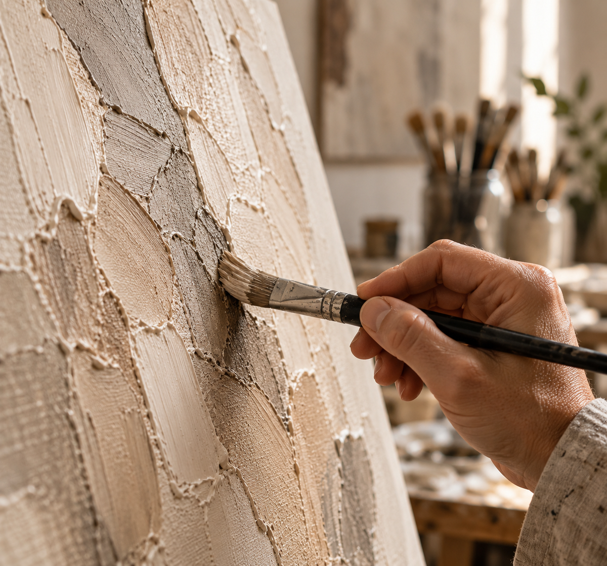 Artist hand-painting a textured TERRAVA artwork with a brush