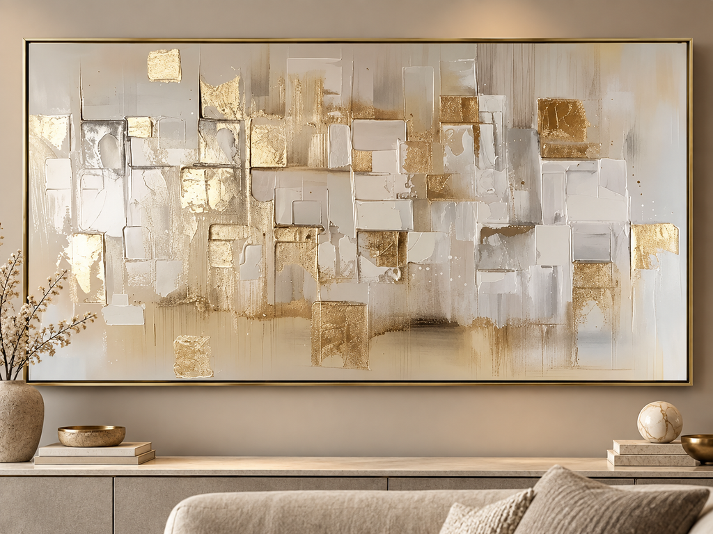 LUMINA hand-painted neutral gold abstract wall art in a warm contemporary interior