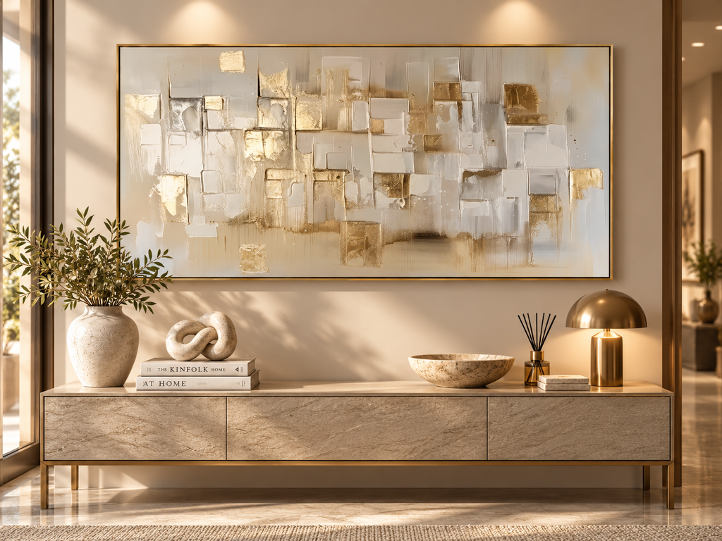 LUMINA beige and gold textured abstract wall art in an elegant entryway