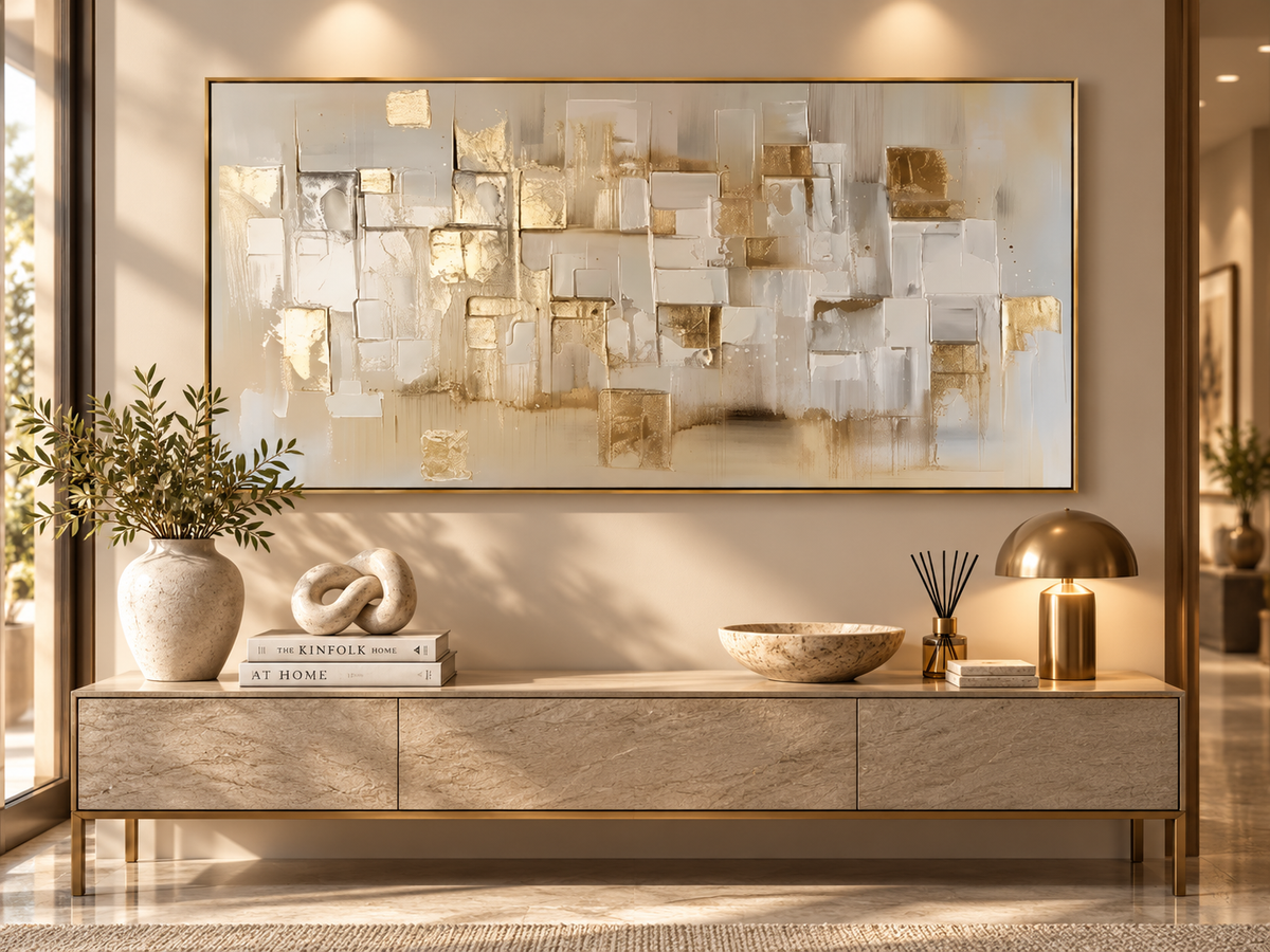LUMINA beige and gold textured abstract wall art in an elegant entryway