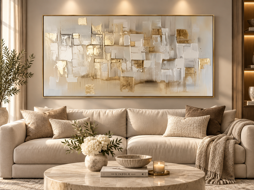 LUMINA large neutral gold abstract wall art above a contemporary living room sofa