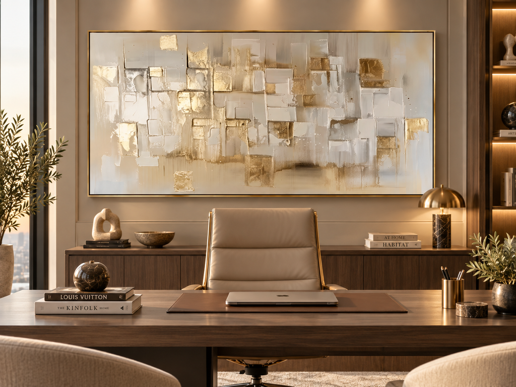 LUMINA modern neutral abstract wall art displayed in an executive office